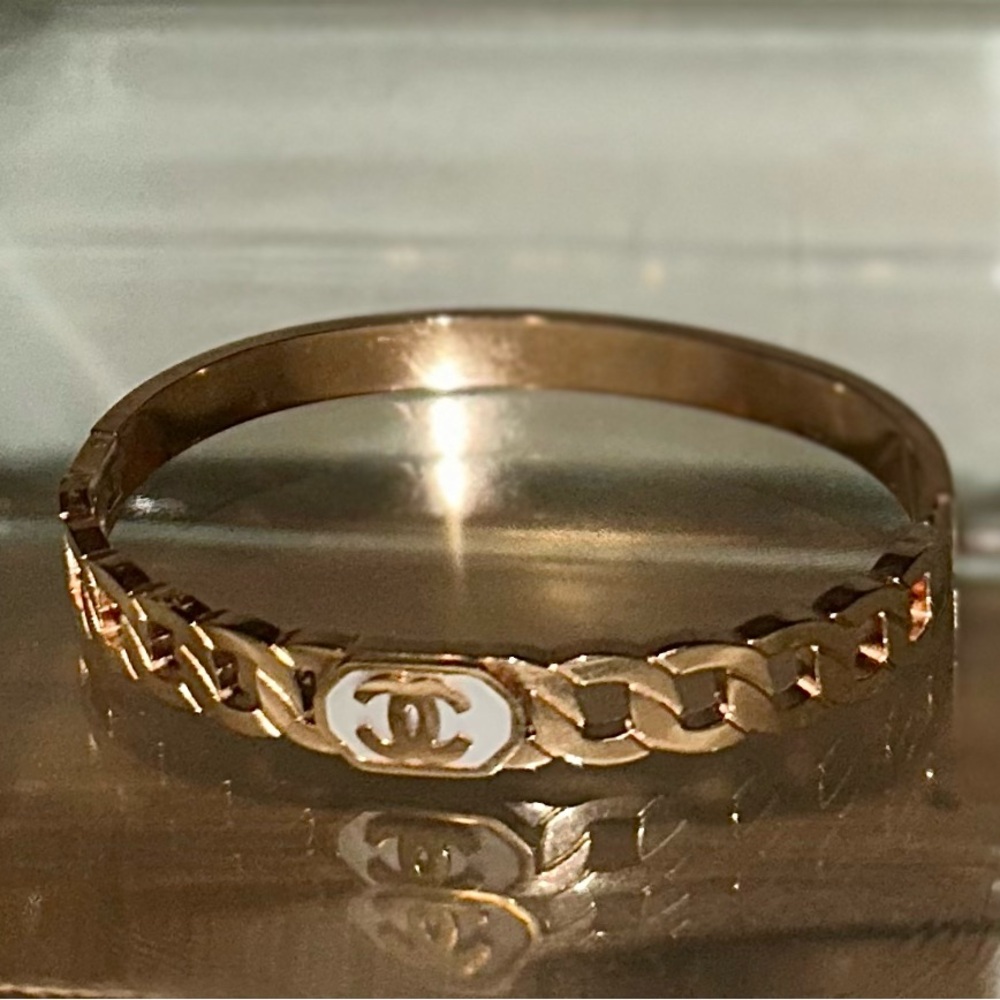 CC Emblem Rose Gold Chain Design Cuff Bracelet